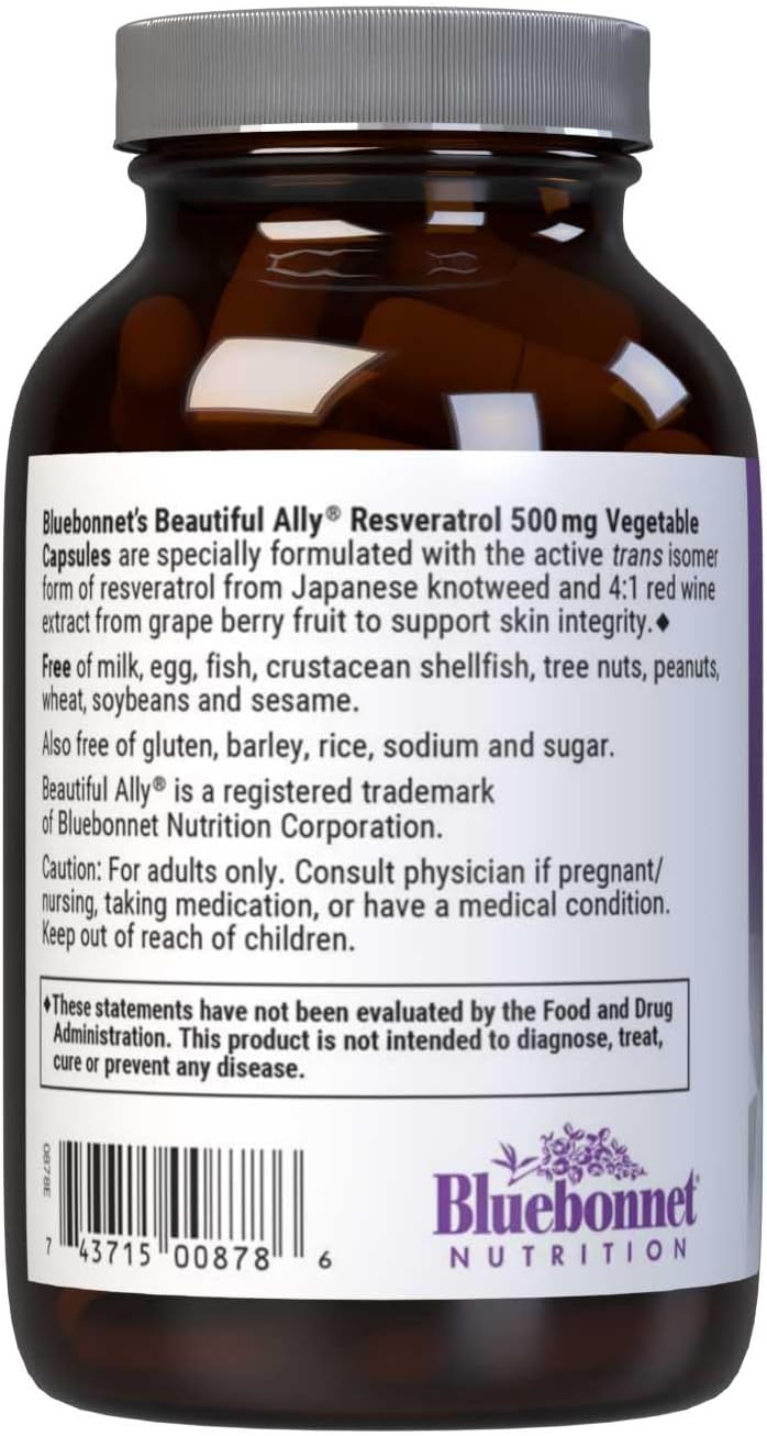 Bluebonnet Nutrition Beautiful Ally Resveratrol 500mg, Protect Skin Integrity*, Non-GMO, Vegan, Gluten-Free, Soy-Free, Dairy-Free, 30 Vegetable Capsules, 30 Servings