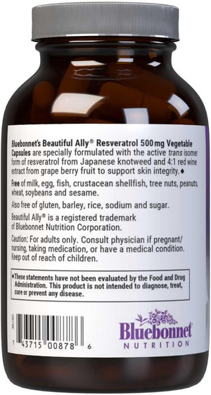Bluebonnet Nutrition Beautiful Ally Resveratrol 500mg, Protect Skin Integrity*, Non-GMO, Vegan, Gluten-Free, Soy-Free, Dairy-Free, 30 Vegetable Capsules, 30 Servings