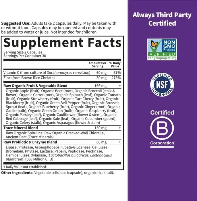 Garden of Life Zinc Supplements 30mg High Potency Raw Zinc and Vitamin C Multimineral Supplement, Vitamin Code Vitamins Trace Minerals &amp; Probiotics for Skin Health &amp; Immune Support, 60 Vegan Capsules