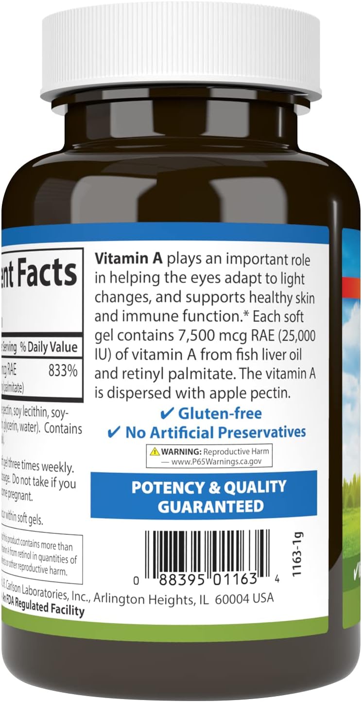 Carlson - Vitamin A, 25000 IU (7500 mcg RAE) with Pectin, Vision Health, Helps Night Vision, Skin Health, 300 Softgels