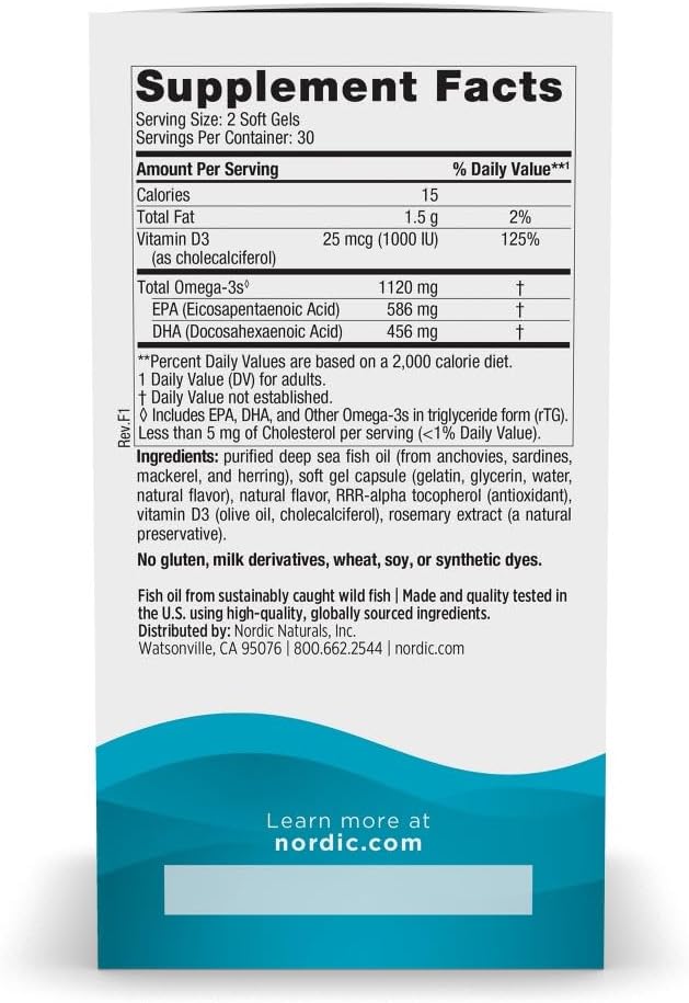 Nordic Naturals Ultimate Omega Mini D3, Lemon Flavor - 60 Mini Soft Gels - 1120 mg Omega-3 + 1000 IU Vitamin D3 - EPA &amp; DHA - Promotes Brain &amp; Heart Health - 30 Servings