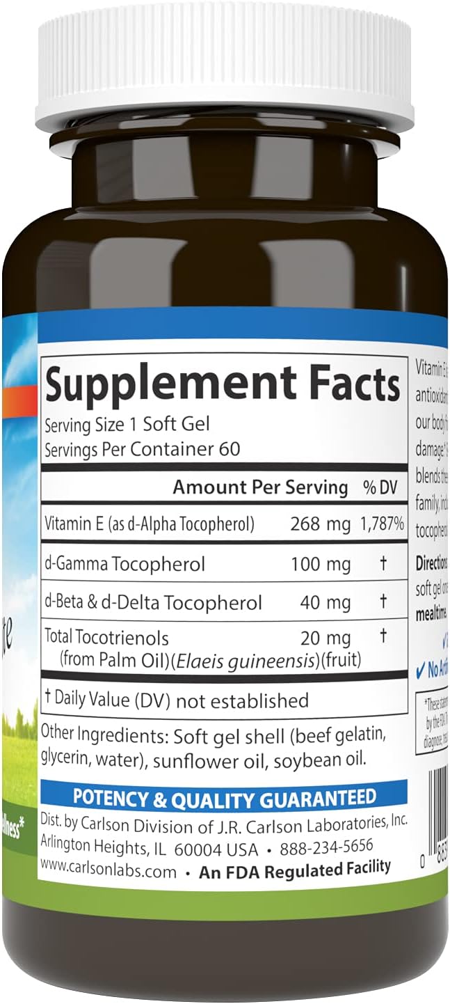 Carlson - E-Gems Elite, 400 IU Vitamin E with Tocopherols & Tocotrienols, Heart Health & Optimal Wellness, Antioxidant, 60 soft gels