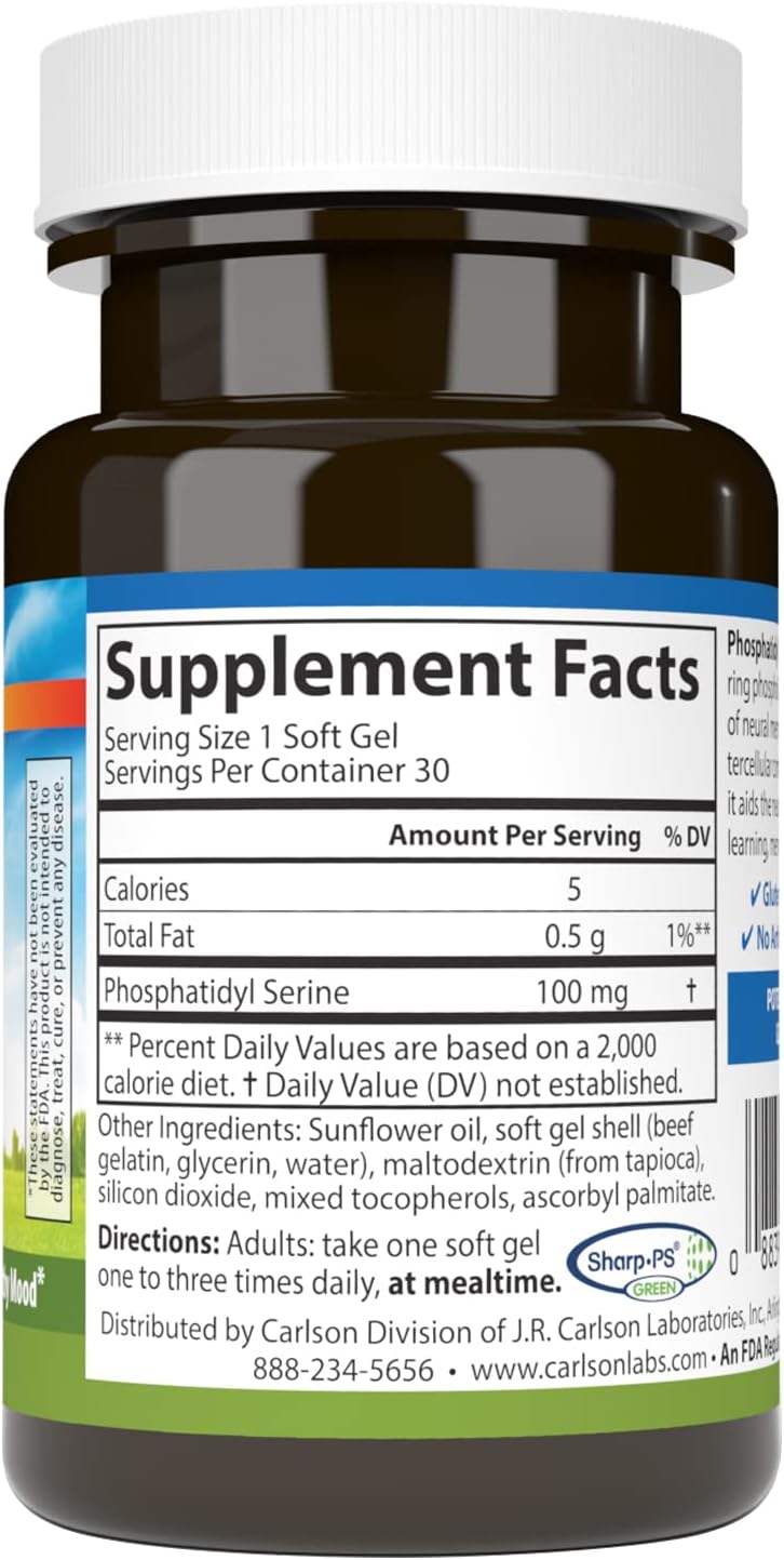 Carlson - Phosphatidyl Serine, 100 mg, Non-GMO, Brain Function, 30 Softgels