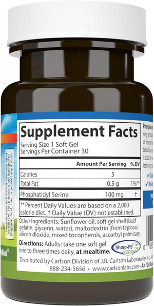 Carlson - Phosphatidyl Serine, 100 mg, Non-GMO, Brain Function, 30 Softgels