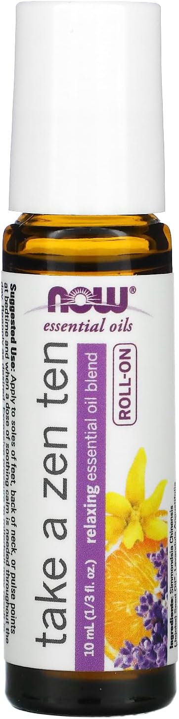 NOW Essential Oils, Take A Zen Ten Roll On, Non-GMO Project Verified, Relaxing Blend, Steam Distilled, Topical Aromatherapy, 10-mL