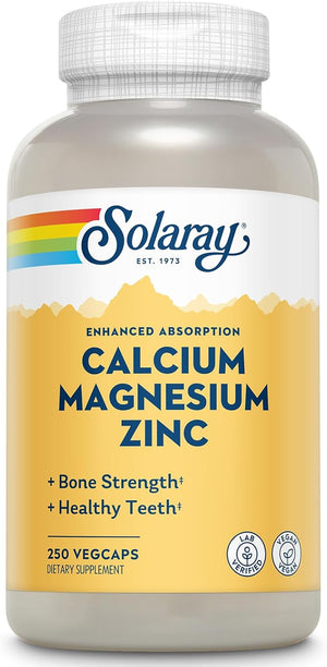 SOLARAY Calcium Magnesium Zinc Supplement - with Calcium 1000mg, Magnesium 500mg - Bone Health, Muscle Function, Heart Health and Immune Support - Vegan, 60 Day Guarantee, 62 Servings, 250 VegCaps