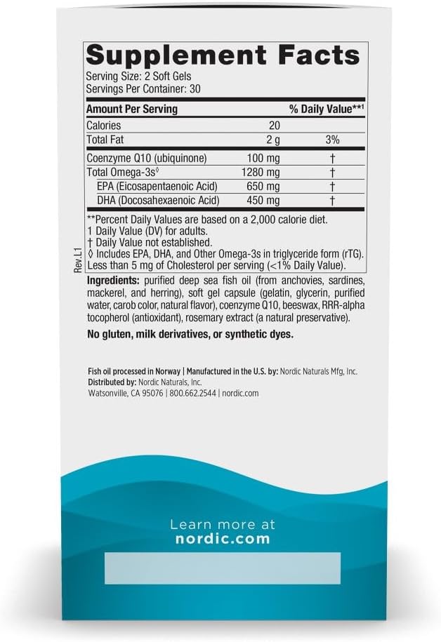 Nordic Naturals Ultimate Omega + CoQ10, Lemon - 60 Soft Gels - 1280 mg Omega-3 + 100 mg CoQ10 - Heart Health, Cellular Energy, Antioxidant Support - Non-GMO - 30 Servings