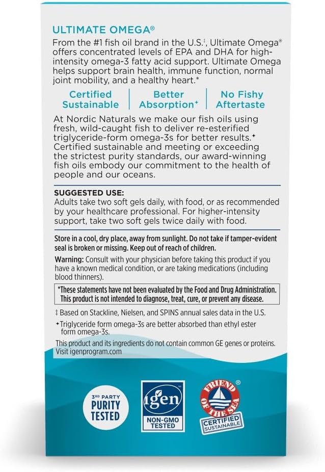 Nordic Naturals Ultimate Omega, Lemon Flavor - 180 Soft Gels - 1280 mg Omega-3 - High-Potency Fish Oil with EPA &amp; DHA - Promotes Brain &amp; Heart Health - Non-GMO - 90 Servings