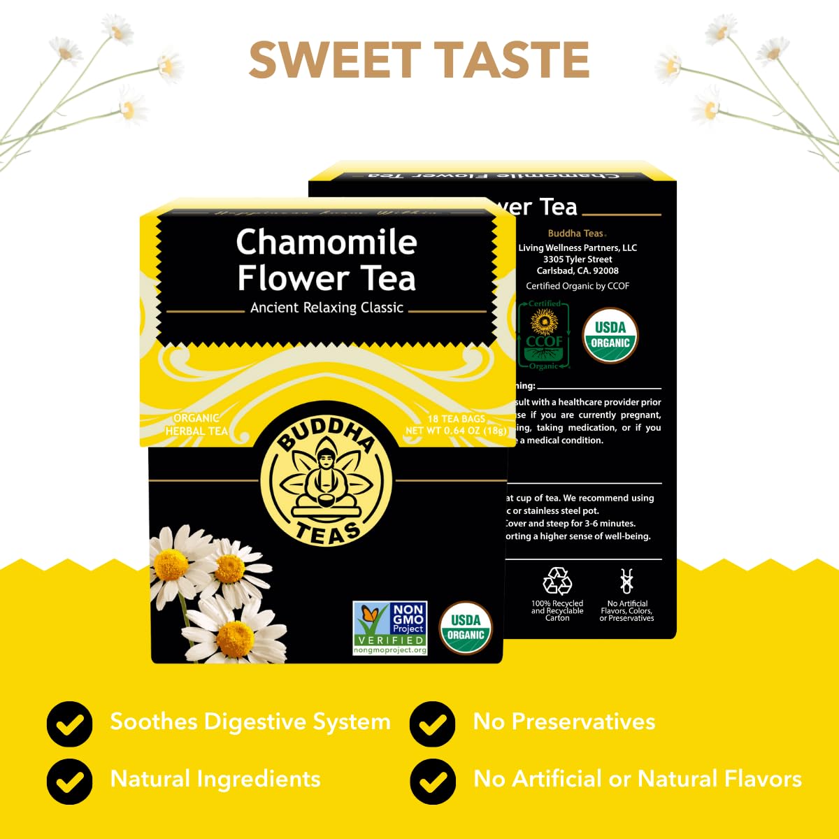 Buddha Teas - Organic Chamomile Flower Tea - Herbal Tea - For Health &amp; Wellbeing - With Antioxidants &amp; Minerals - Clean Ingredients - Caffeine Free - OU Kosher &amp; Non-GMO - 18 Tea Bags