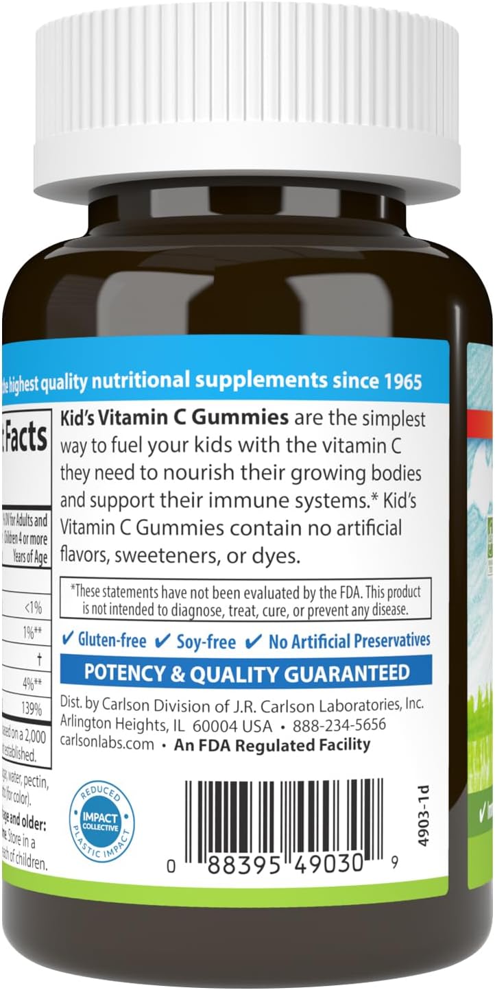 Carlson Kid&#39;s Vitamin C Gummies Natural Orange, 125 mg, 60 Vegetarian Gummies