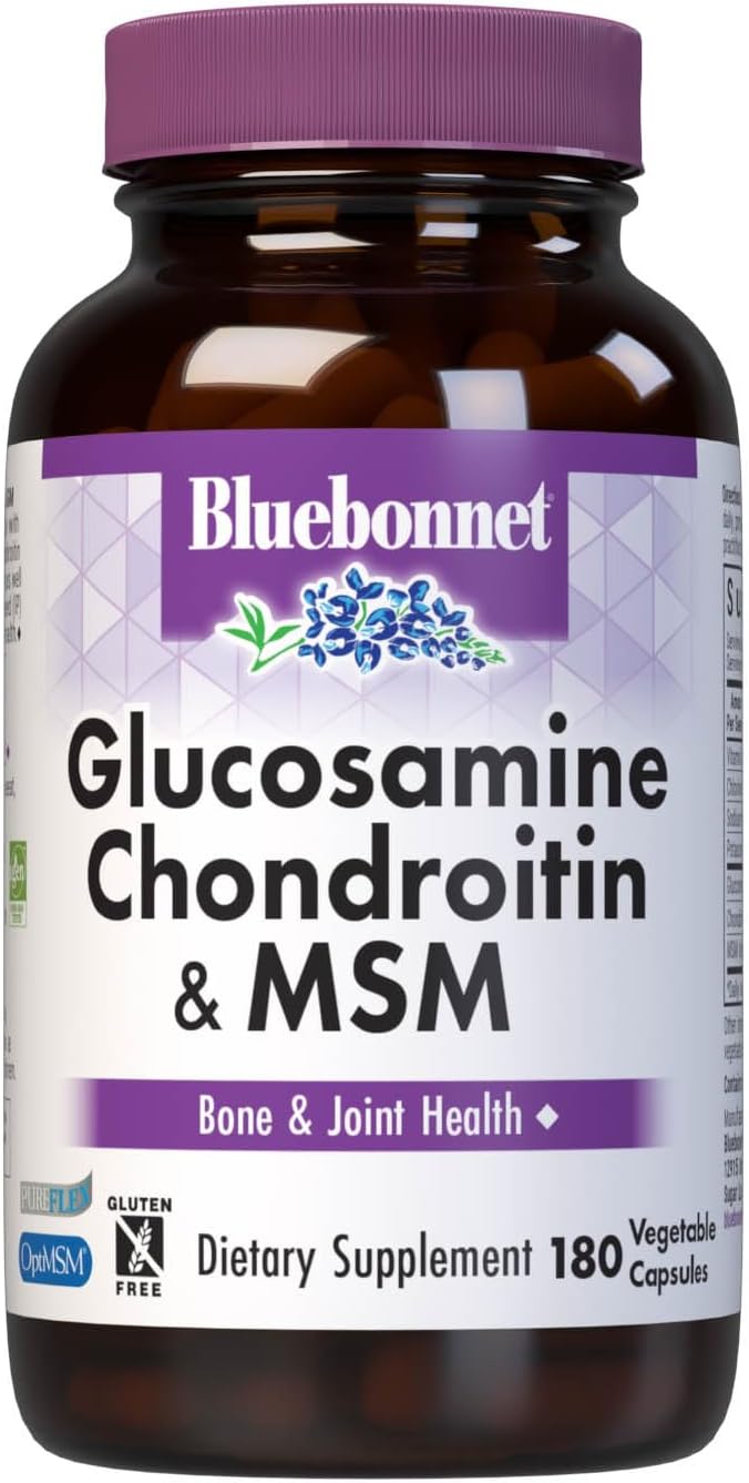 Bluebonnet Nutrition Glucosamine Chondroitin Plus MSM, Glucosamine, Chondroitin Sulfate, Vitamin C &amp; OptiMSM, Bone &amp; Joint Health, Non GMO, Gluten Free, Soy Free, Milk Free, 180 Vegetable Capsules