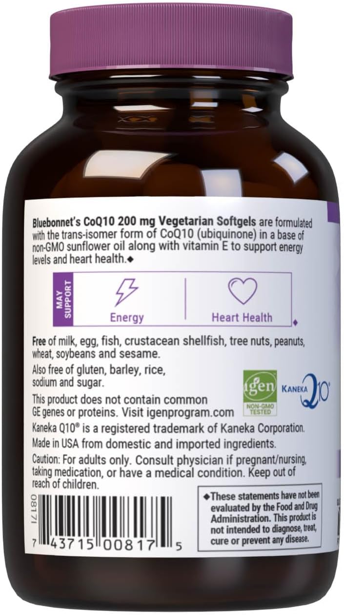 Bluebonnet Nutrition CoQ10 200mg Softgels - Antioxidant-Rich Energy &amp; Heart Supplement for Women &amp; Men - CoQ-10 Ubiquinone With Vitamin E - Non-GMO, Soy &amp; Gluten-Free - 60 Vegetarian Softgels