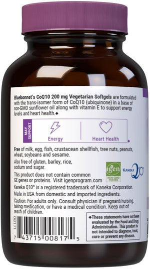 Bluebonnet Nutrition CoQ10 200mg Softgels - Antioxidant-Rich Energy & Heart Supplement for Women & Men - CoQ-10 Ubiquinone With Vitamin E - Non-GMO, Soy & Gluten-Free - 60 Vegetarian Softgels