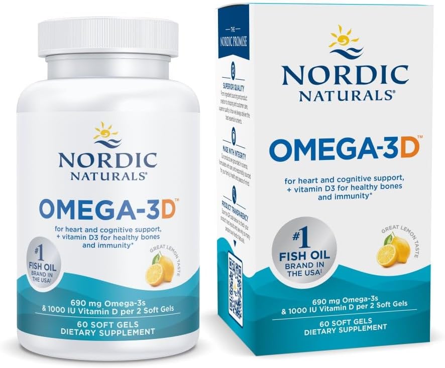 Nordic Naturals Omega-3D, Lemon Flavor - 60 Soft Gels - 690 mg Omega-3 + 1000 IU Vitamin D3 - Fish Oil - EPA &amp; DHA - Immune Support, Brain &amp; Heart Health, Healthy Bones - Non-GMO - 30