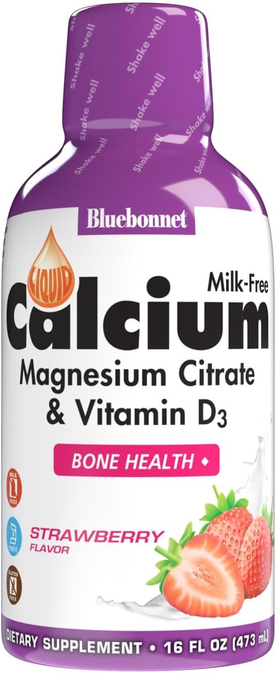 Bluebonnet Nutrition Liquid Calcium Citrate Calcium Citrate, Magnesium Citrate, Vitamin D3, Bone Health, Gluten Free, Soy Free, Milk Free, Kosher, 32 Servings, Strawberry Flavor, 16 Fl Oz