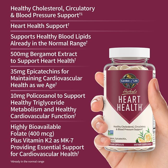 Garden of Life Herbals Heart Health Supplement with Folate, Bergamot, Green Tea &amp; Vitamin E &amp; K for Cholesterol, Circulatory &amp; Blood Pressure Support, Non-GMO, Gluten-Free, Citrus Flavor, 30 Servings