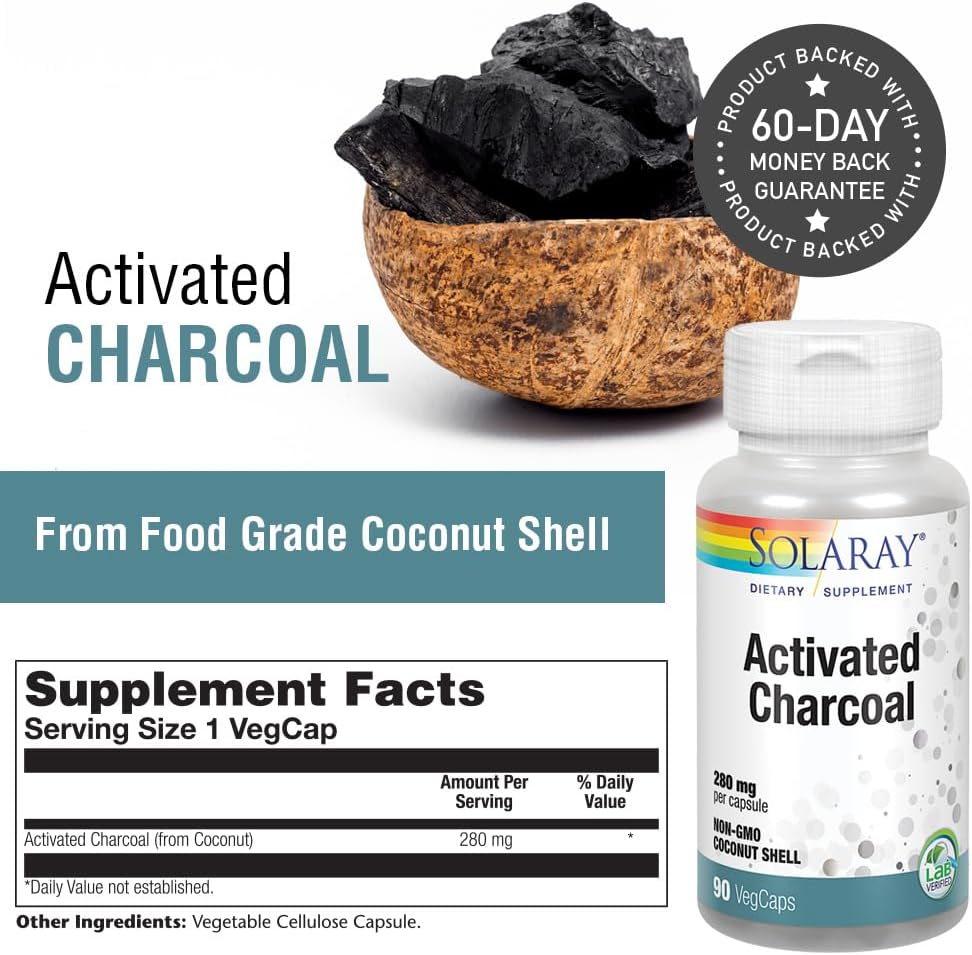 SOLARAY Activated Charcoal 280mg | Coconut Source | Healthy Inner Cleansing &amp; Digestive Tract Support | Non-GMO, Vegan &amp; Lab Verified | 90 Capsules
