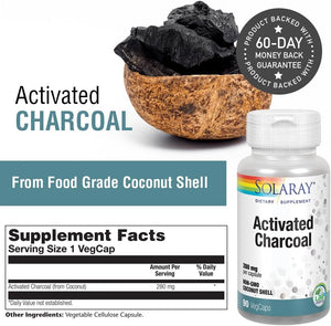 SOLARAY Activated Charcoal 280mg | Coconut Source | Healthy Inner Cleansing & Digestive Tract Support | Non-GMO, Vegan & Lab Verified | 90 Capsules