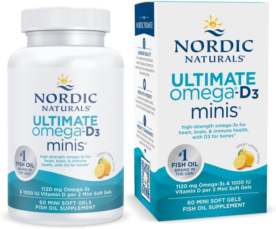 Nordic Naturals Ultimate Omega Mini D3, Lemon Flavor - 60 Mini Soft Gels - 1120 mg Omega-3 + 1000 IU Vitamin D3 - EPA &amp; DHA - Promotes Brain &amp; Heart Health - 30 Servings