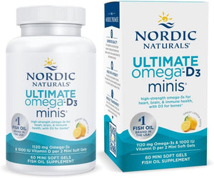 Nordic Naturals Ultimate Omega Mini D3, Lemon Flavor - 60 Mini Soft Gels - 1120 mg Omega-3 + 1000 IU Vitamin D3 - EPA & DHA - Promotes Brain & Heart Health - 30 Servings