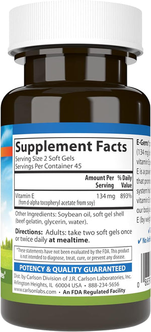 Carlson E-Gems 200 IU (134 mg), Natural-Source Vitamin E, Optimal Wellness, 90 Soft Gels