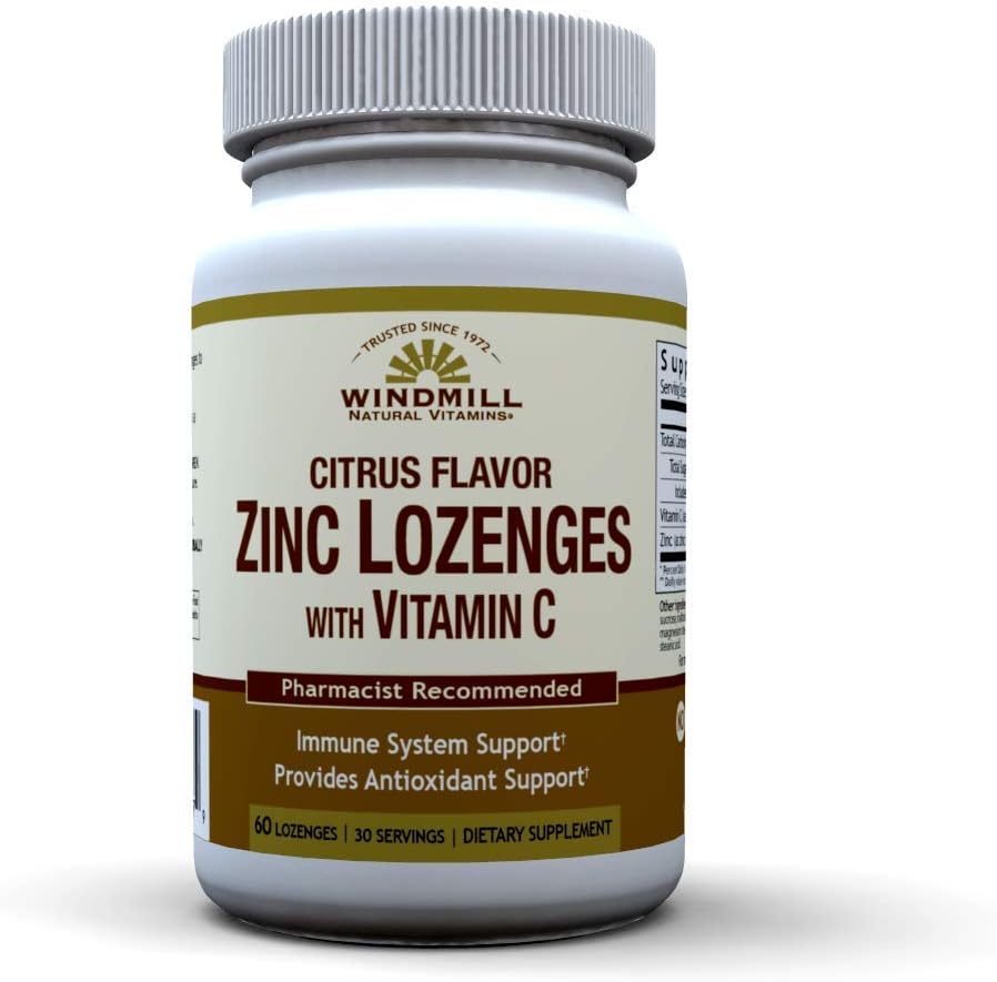 Windmill Health Natural Vitamins Zinc Lozenges with Vitamin C Honey Lemon Flavor, Immune System Support, Provides Antioxidant Support, Delicious &amp; Fast Acting, 60 Lozenges, 30 Servings.