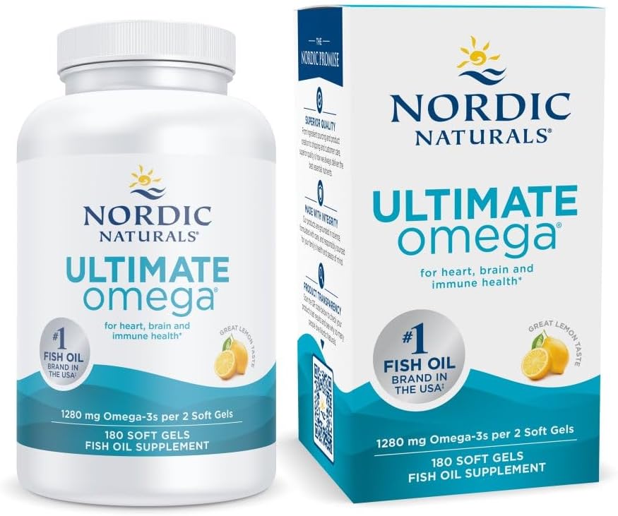 Nordic Naturals Ultimate Omega, Lemon Flavor - 180 Soft Gels - 1280 mg Omega-3 - High-Potency Fish Oil with EPA &amp; DHA - Promotes Brain &amp; Heart Health - Non-GMO - 90 Servings