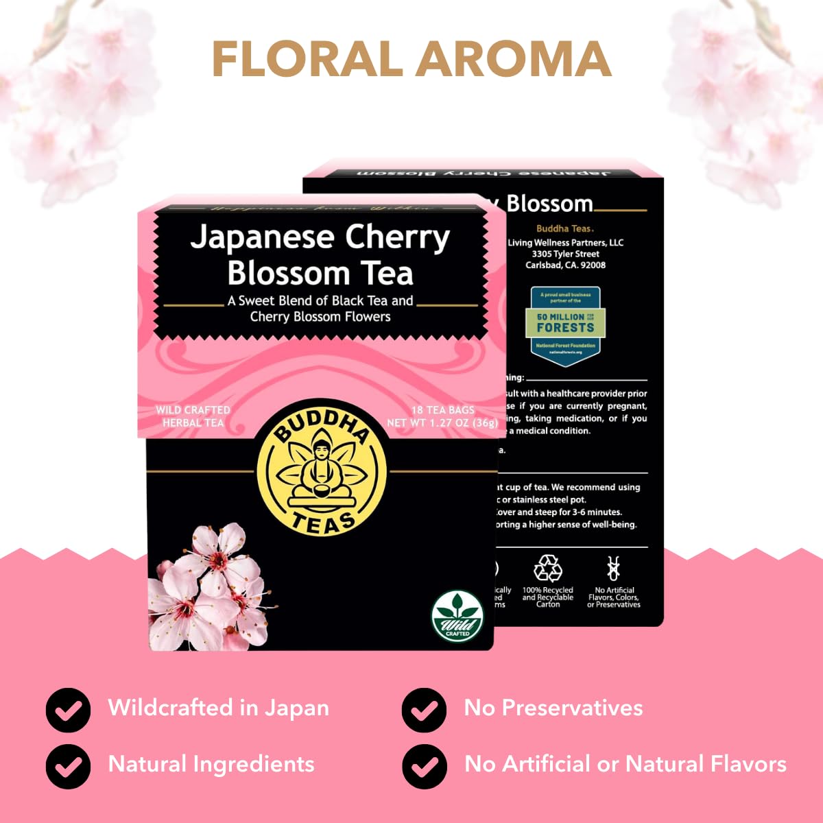 Buddha Teas Japanese Cherry Blossom Tea - OU Kosher, 18 Bleach-Free Tea Bags