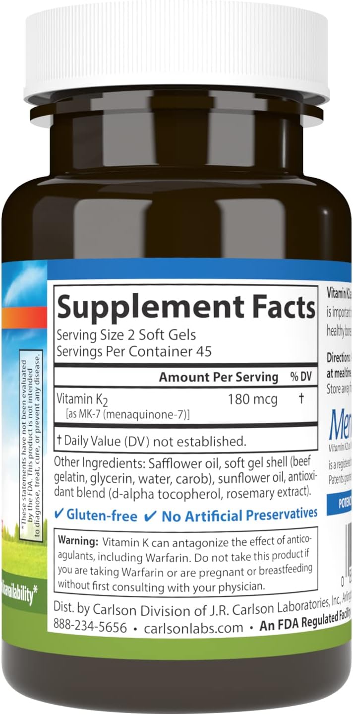 Carlson - Vitamin K2 MK-7 (Menaquinone), 180 mcg, Bone Support, Calcium Bioavailability, K2 Vitamin, Vitamin K-2, 90 Softgels