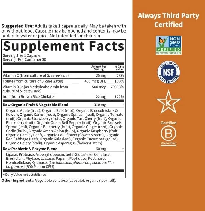 Garden of Life Vitamin Code Raw Iron Supplement - 30 Vegan Capsules, 22mg Once Daily Iron, Vitamins C, B12, Folate, Fruit, Veggies &amp; Probiotics, Iron Supplements for Women, Energy &amp; Anemia Support