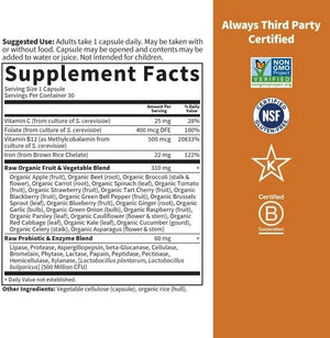 Garden of Life Vitamin Code Raw Iron Supplement - 30 Vegan Capsules, 22mg Once Daily Iron, Vitamins C, B12, Folate, Fruit, Veggies & Probiotics, Iron Supplements for Women, Energy & Anemia Support