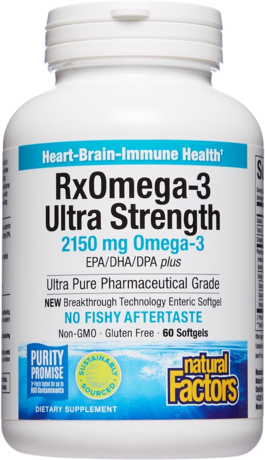 Natural Factors RxOmega-3 Ultra Strength Fish Oil with Vitamin D3, High Potency Formula, 2,150 mg, No Fishy Aftertaste, 60 Softgels