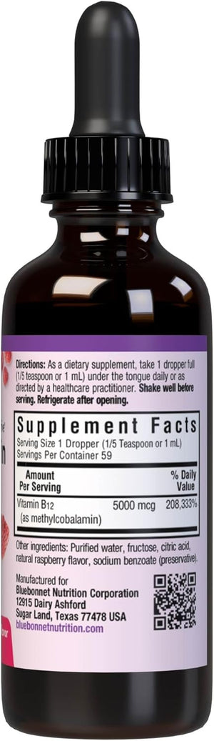 Bluebonnet Liquid Methylcobalamin Vitamin B12 5000 mcg Active Coenzyme Form of Vitamin B 12 Liquid Drops Energy Supplement for Women & Men - Vegan, Gluten-Free - Raspberry Flavor - 2 Fl Oz