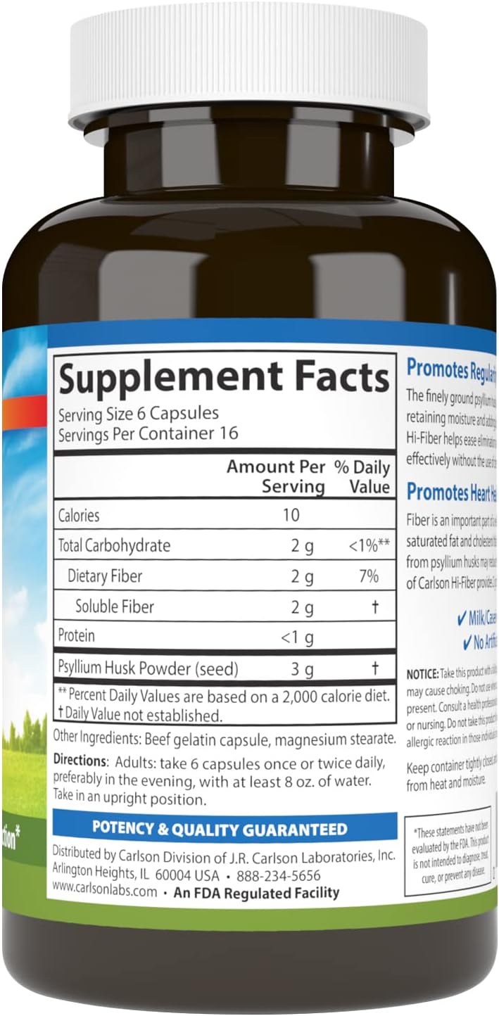 Carlson - Hi-Fiber, 3 g, Psyllium Husk Capsules, Regularity, Colon Health &amp; Heart Function, 100 Capsules