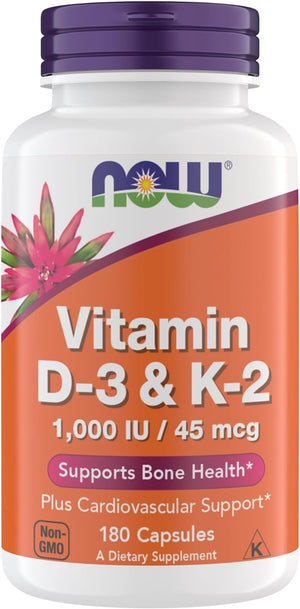 Now Supplements Vitamin D3 K2, 1,000 IU/45 mcg, Cardiovascular Support, Supports Bone Health, 180 Vegetarian Capsules