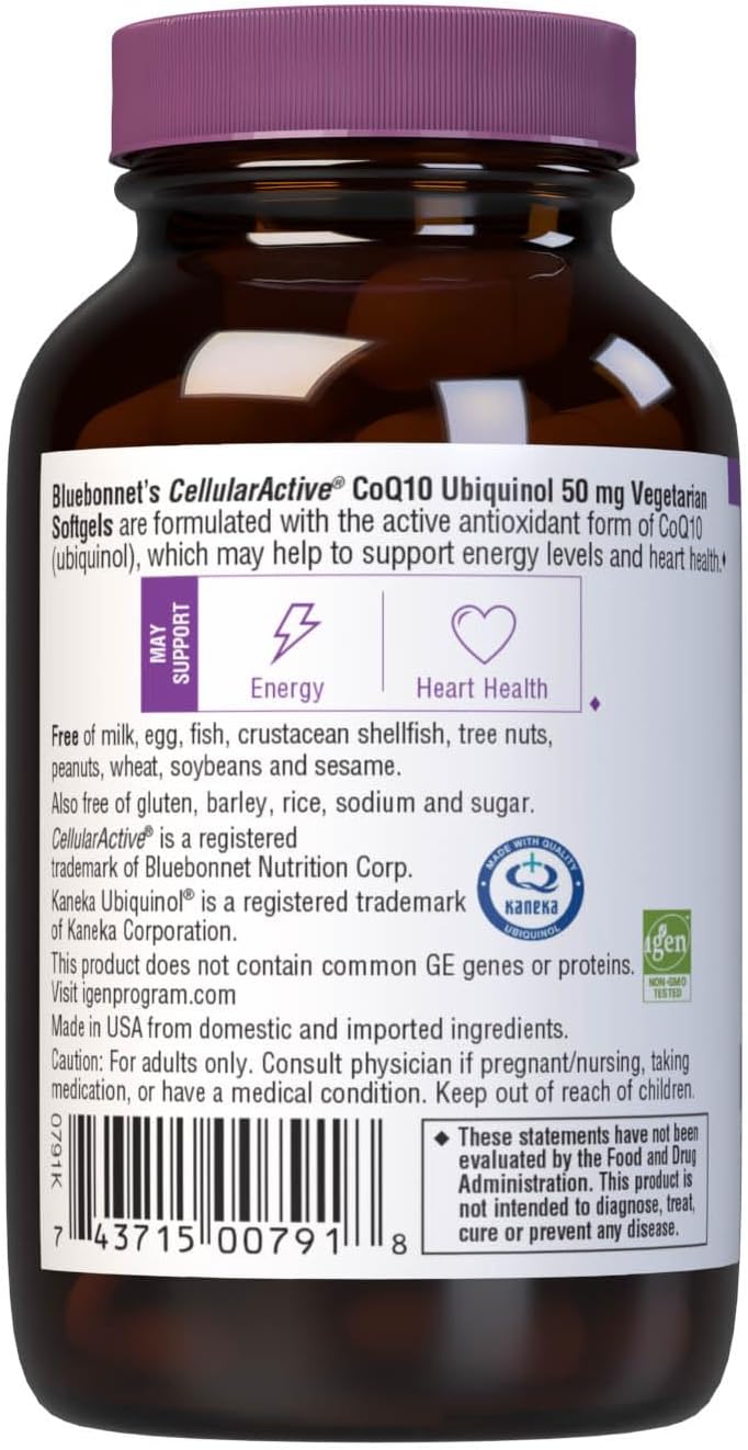 Bluebonnet Nutrition Cellular Active CoQ10 Ubiquinol 50 mg Vegetarian Softgels, Heart Health &amp; Cellular Health, Ubiquinol from Kaneka, Non GMO, Gluten Free, Soy Free, Milk Free, 60 Vegetarian Softgels
