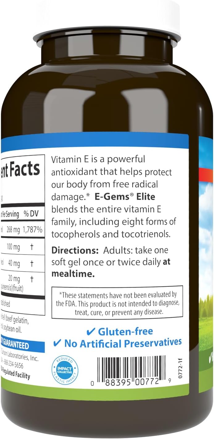 Carlson - E-Gems Elite, 400 IU Vitamin E with Tocopherols &amp; Tocotrienols, Vitamin E Capsules, Heart Health &amp; Optimal Wellness, Antioxidant, Vitamin E Supplement, 240 Softgels