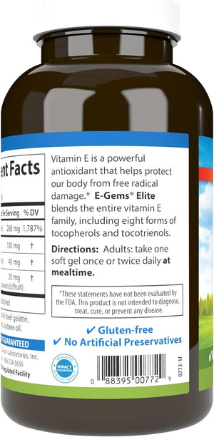 Carlson - E-Gems Elite, 400 IU Vitamin E with Tocopherols & Tocotrienols, Vitamin E Capsules, Heart Health & Optimal Wellness, Antioxidant, Vitamin E Supplement, 240 Softgels