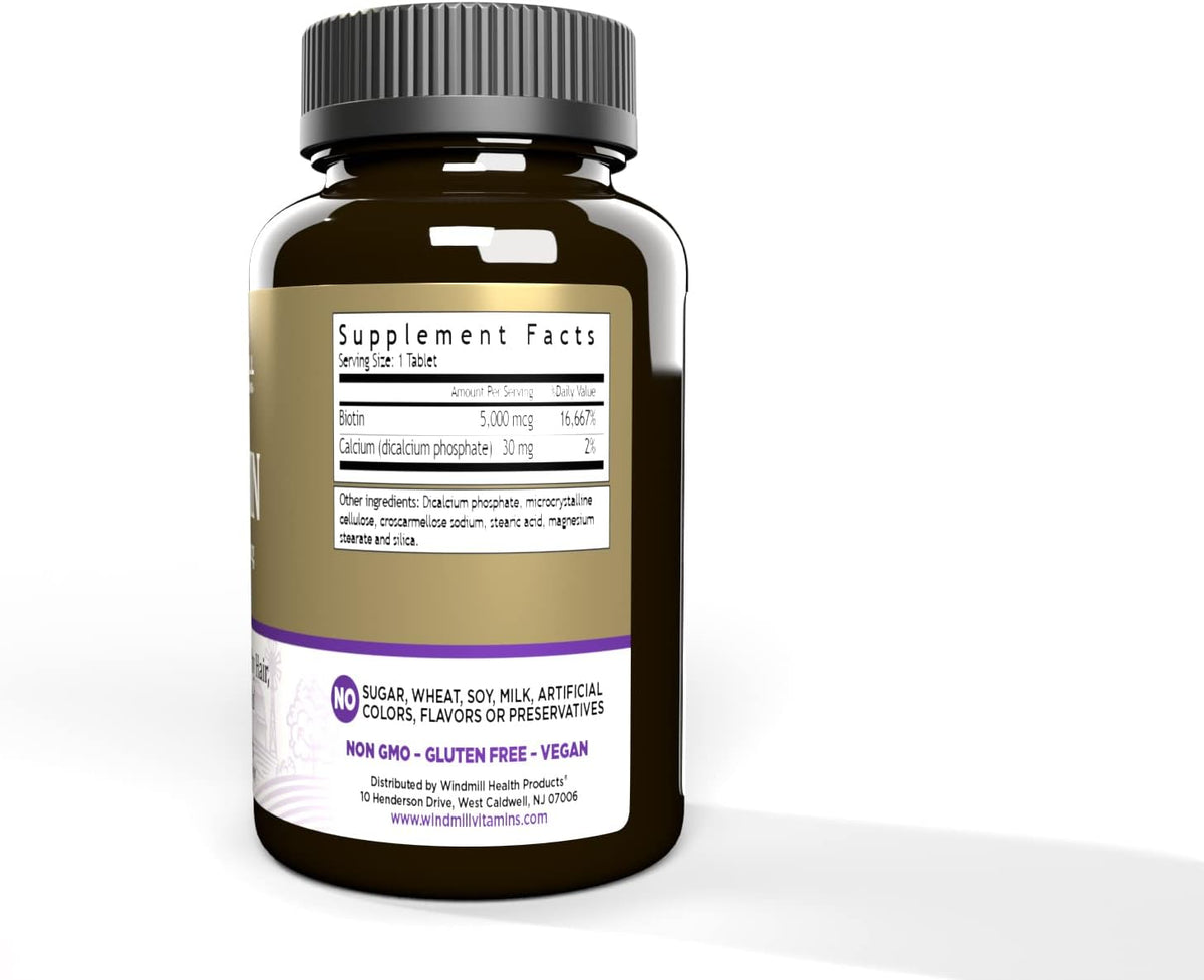 Windmill Natural Vitamins Biotin 5000 mcg, Supports Healthy Hair, Skin &amp; Nails, Metabolism Booster, 60 Count, 60 Servings