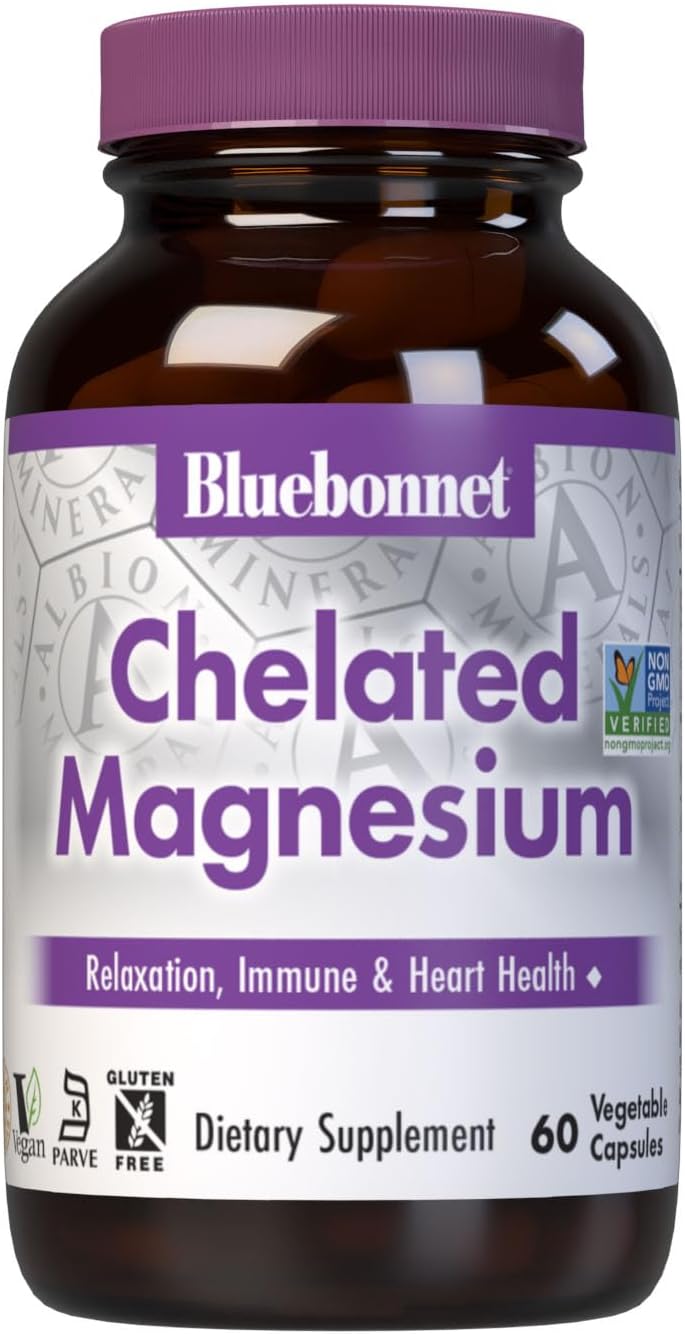 Bluebonnet Nutrition Albion Chelated Magnesium Vegetable Capsule, 200 mg, Stress Relief, Vegan, Non GMO, Gluten Free, Soy Free, Milk Free, Kosher, 60 Vegetable Capsule