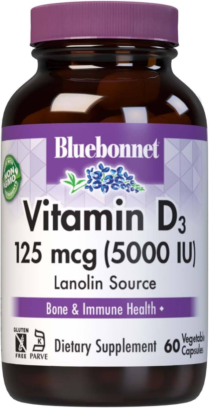 Bluebonnet Nutrition Vitamin D3 5000 IU Vegetable Capsule, Aids in Muscle &amp; Skeletal Growth, Cholecalciferol from Lanolin, D3, Non GMO, Gluten Free, Soy Free, Milk Free, Kosher, 60 Count