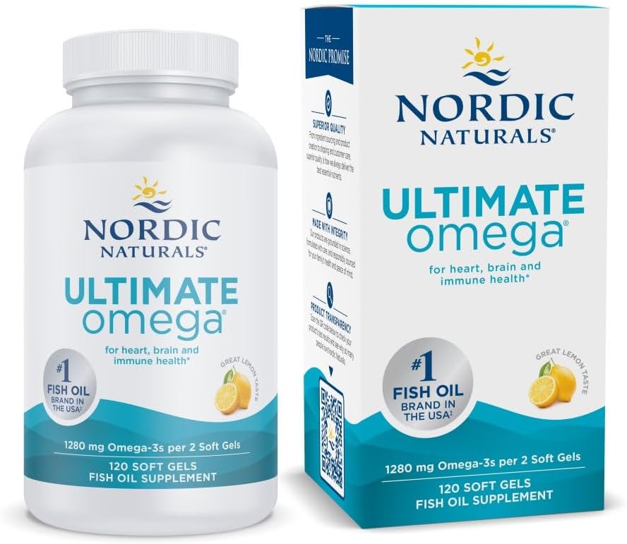Nordic Naturals Ultimate Omega, Lemon Flavor - 120 Soft Gels - 1280 mg Omega-3 - High-Potency Fish Oil Supplement with EPA &amp; DHA - Promotes Brain &amp; Heart Health - Non-GMO - 60 Servings