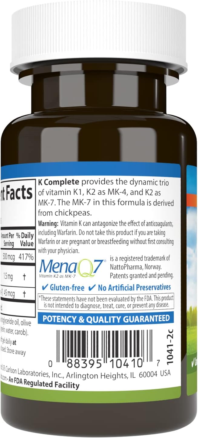 Carlson - K Complete, K1 &amp; K2 as MK-4 &amp; MK-7, Promotes Bone &amp; Cardiovascular System Health, 45 Softgels