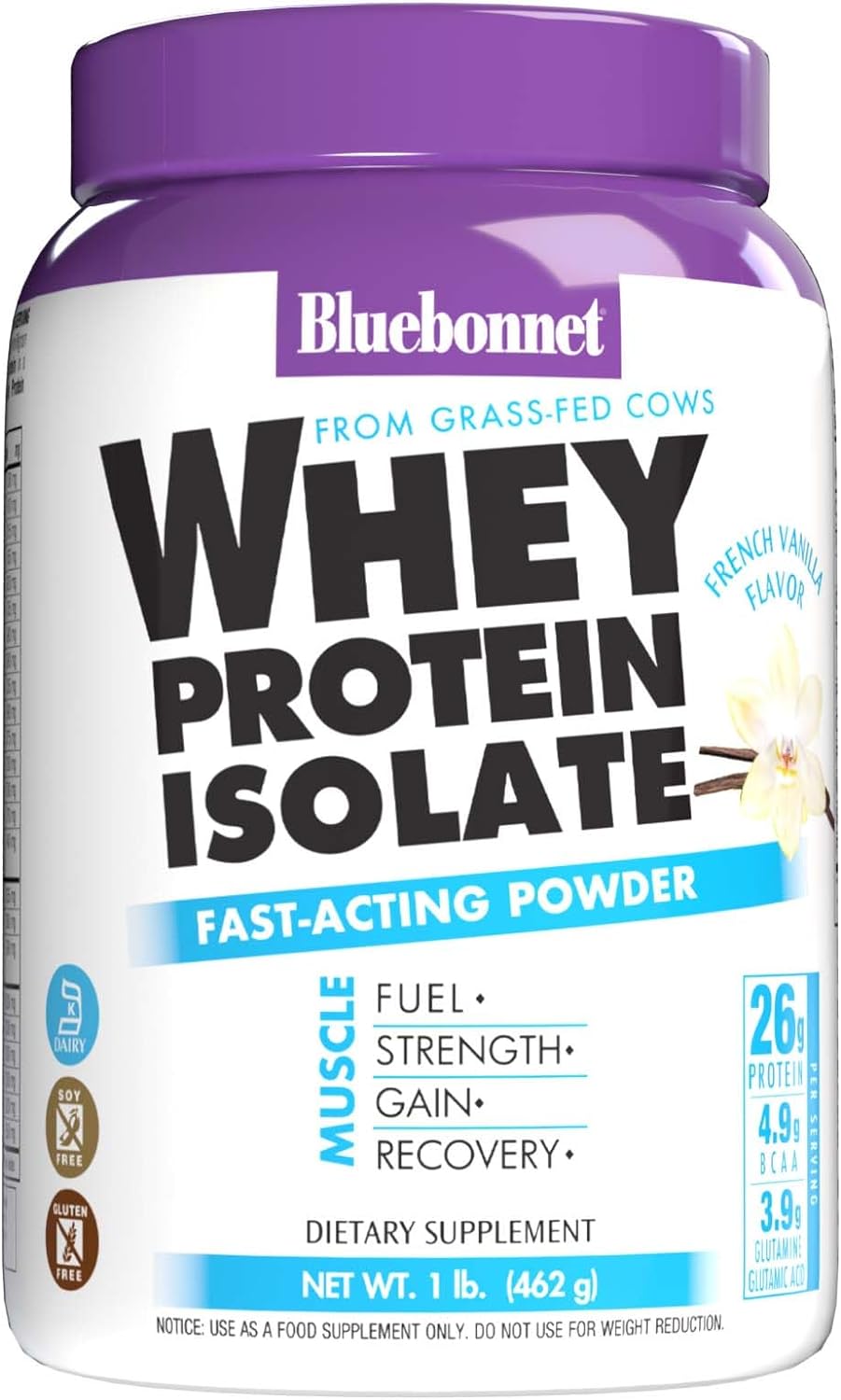 Bluebonnet Grass Fed Whey Protein Isolate 26 g Energy & Workout Recovery BCAA Amino Acids - Gluten-Free, Non-GMO, Soy-Free Vanilla Protein Powder for Women & Men - 14 Servings