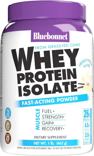 Bluebonnet Grass Fed Whey Protein Isolate 26 g Energy & Workout Recovery BCAA Amino Acids - Gluten-Free, Non-GMO, Soy-Free Vanilla Protein Powder for Women & Men - 14 Servings