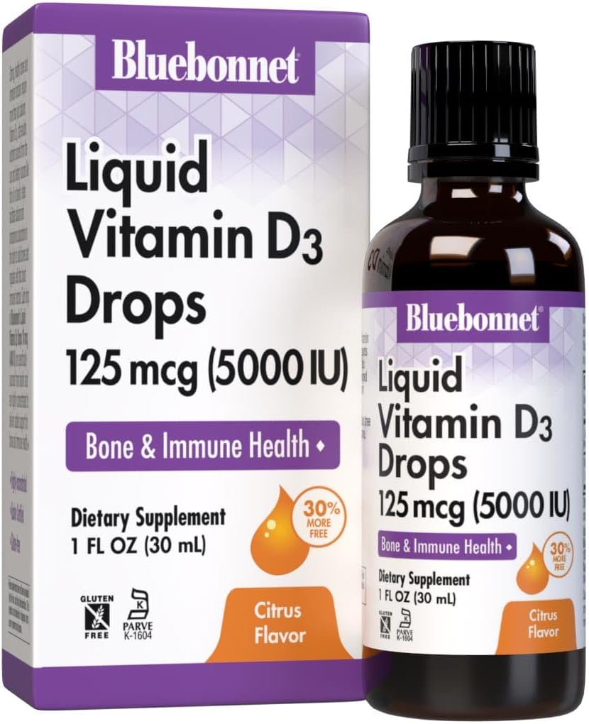 Bluebonnet Nutrition Liquid Vitamin D3 Drops 5000 IU, Aids in Muscle and Skeletal Growth, D3, Non GMO, Gluten Free, Soy Free, Dairy Free, Kosher, Citrus Flavor  1 Fl Oz