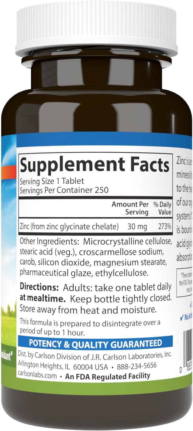 Carlson Chelated Zinc 30 mg – Zinc Glycinate Chelate Supplement – Superior Absorption, Immune &amp; Enzyme Support, Antioxidant, 250 Tablets