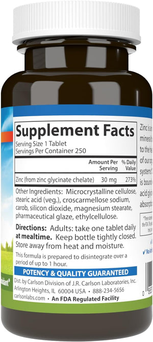 Carlson Chelated Zinc 30 mg – Zinc Glycinate Chelate Supplement – Superior Absorption, Immune & Enzyme Support, Antioxidant, 250 Tablets