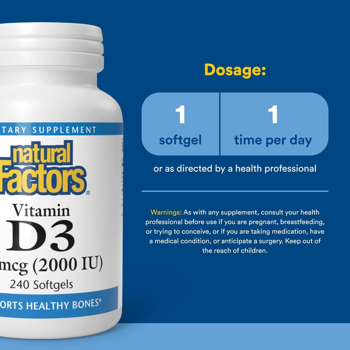 Natural Factors - Vitamin D3 2000 IU, Supports Healthy Bones, 240 Soft Gels