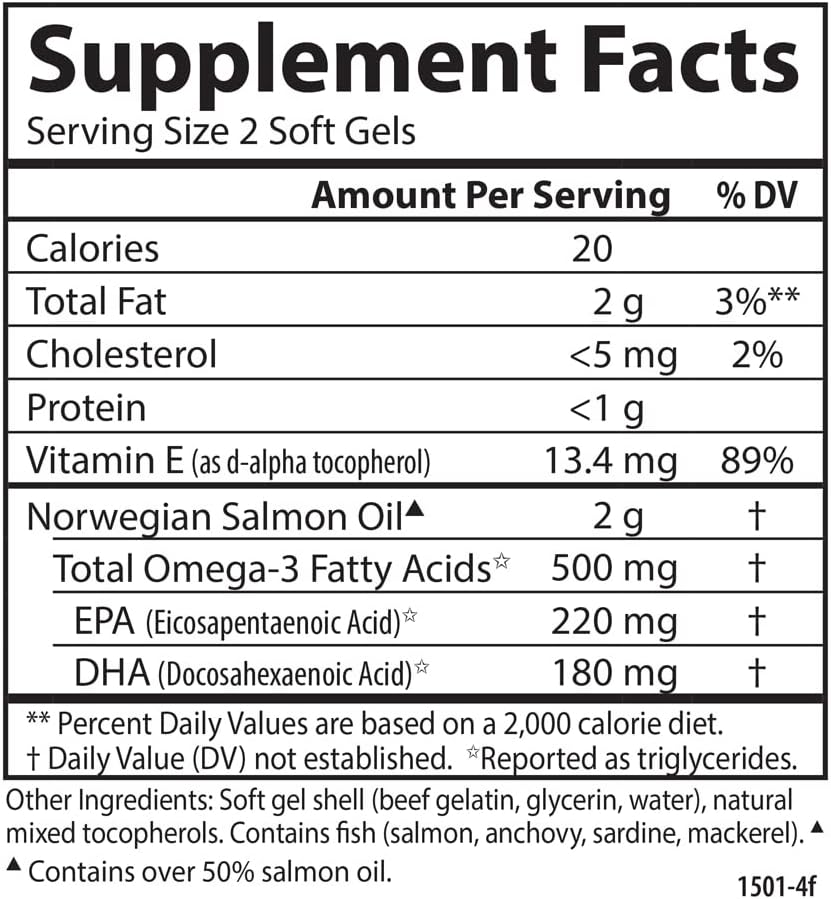 Carlson Salmon Oil, 500mg Omega-3s, Norwegian Wild-Caught Fish Oil, Sustainably Sourced, 180 Softgels